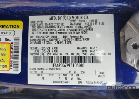 2015 Ford Fusion S z USA, uszkodzony, nr VIN 1FA6P0G79F5105081